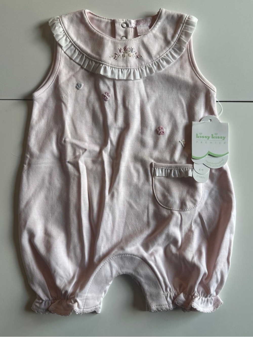 Kissy Kissy Pink Hand Embroidered Pima Cotton Playsuit Romper Shortie 6-9m
